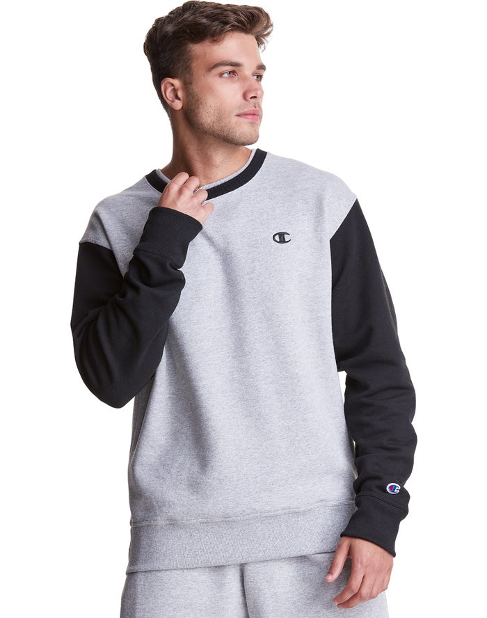 Champion Powerblend Fleece Crew Double Collar Crew Embroidered C Logo Sweatshirt Heren - Grijs/Zwart